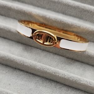 18k Gold Plated Stainless Steel Bangle Bracelet, White Detailing